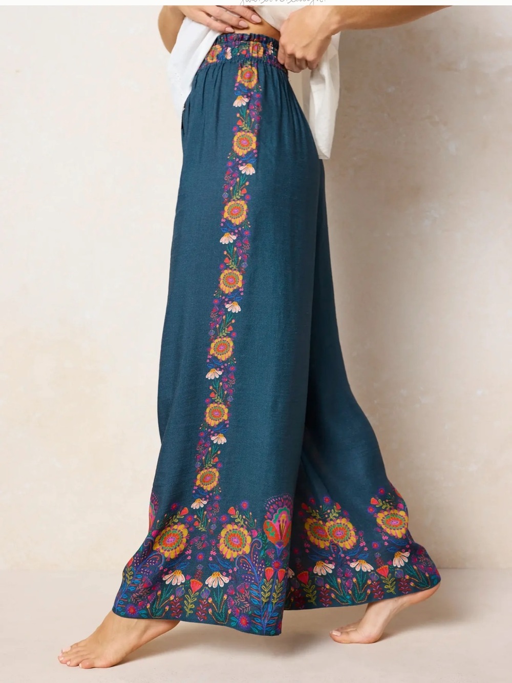NATURAL LIFE Teal Wide Leg Pants with Multicolor Floral Border NWT - Picture 8 of 11